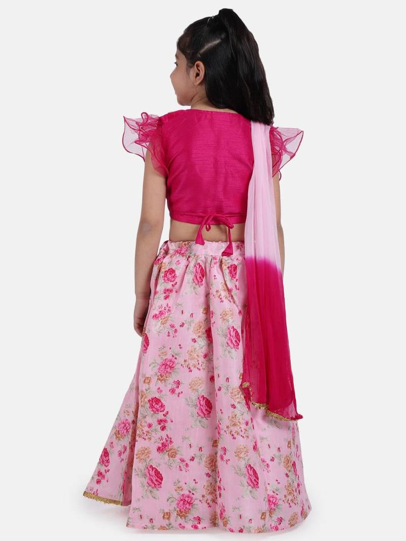 Pink Ruffle Sleeve Collar Choli With Floral Lehenga