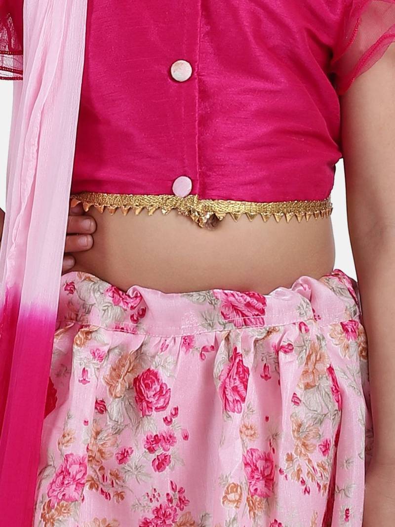 Pink Ruffle Sleeve Collar Choli With Floral Lehenga