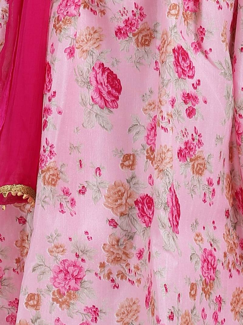 Pink Ruffle Sleeve Collar Choli With Floral Lehenga