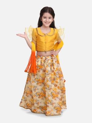 Yellow Ruffle Sleeve Collar Choli With Floral Lehenga 1