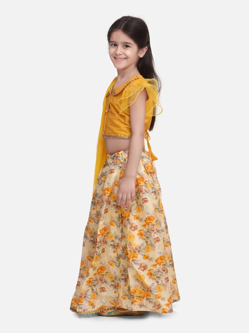 Yellow Ruffle Sleeve Collar Choli With Floral Lehenga