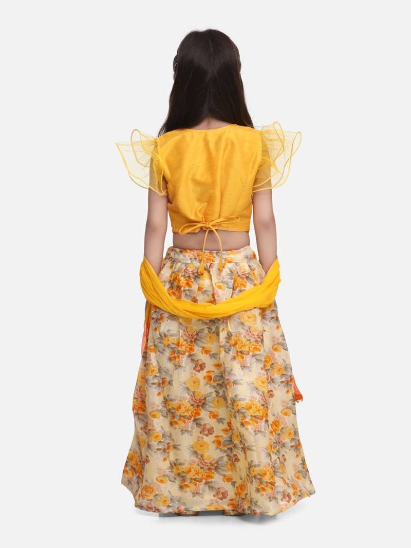 Yellow Ruffle Sleeve Collar Choli With Floral Lehenga