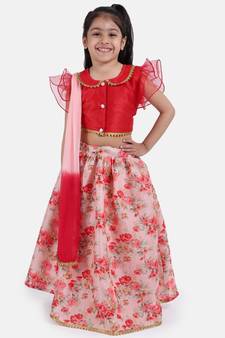 Red Ruffle Sleeve Collar Choli With Floral Lehenga