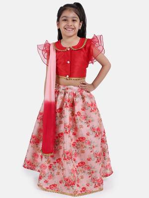 Red Ruffle Sleeve Collar Choli With Floral Lehenga 1