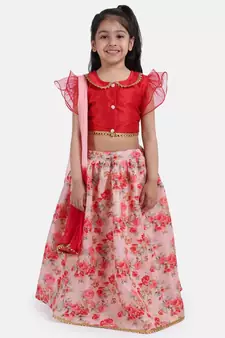 Red Ruffle Sleeve Collar Choli With Floral Lehenga