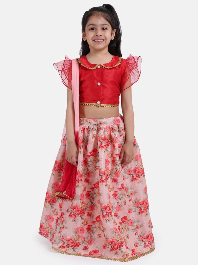 Red Ruffle Sleeve Collar Choli With Floral Lehenga