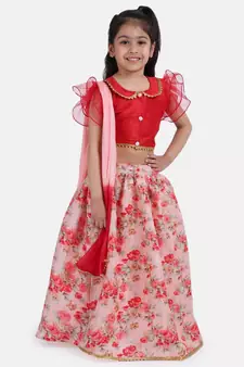 Red Ruffle Sleeve Collar Choli With Floral Lehenga