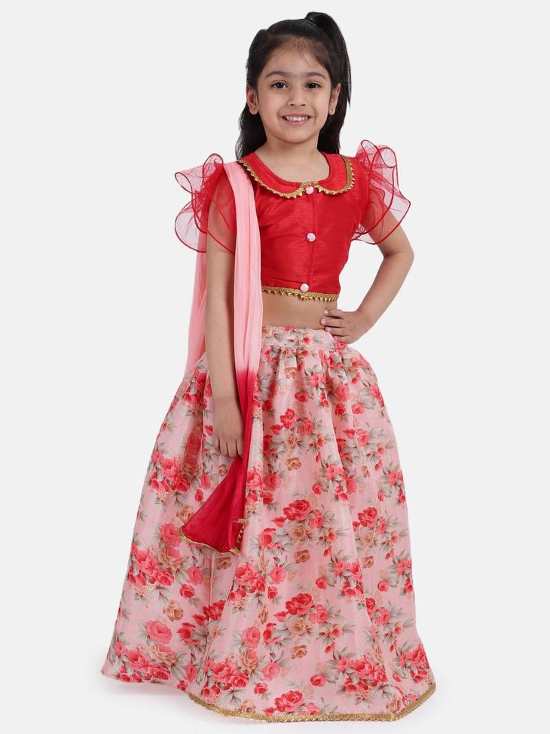 Red Ruffle Sleeve Collar Choli With Floral Lehenga