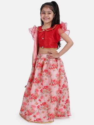 Red Ruffle Sleeve Collar Choli With Floral Lehenga 4