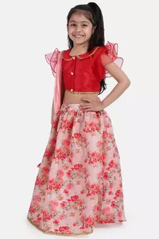 Red Ruffle Sleeve Collar Choli With Floral Lehenga