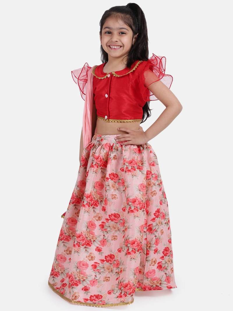 Red Ruffle Sleeve Collar Choli With Floral Lehenga