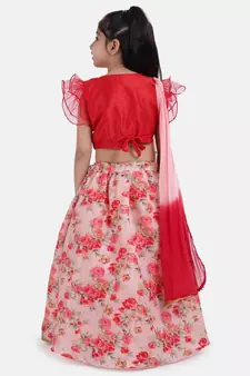 Red Ruffle Sleeve Collar Choli With Floral Lehenga