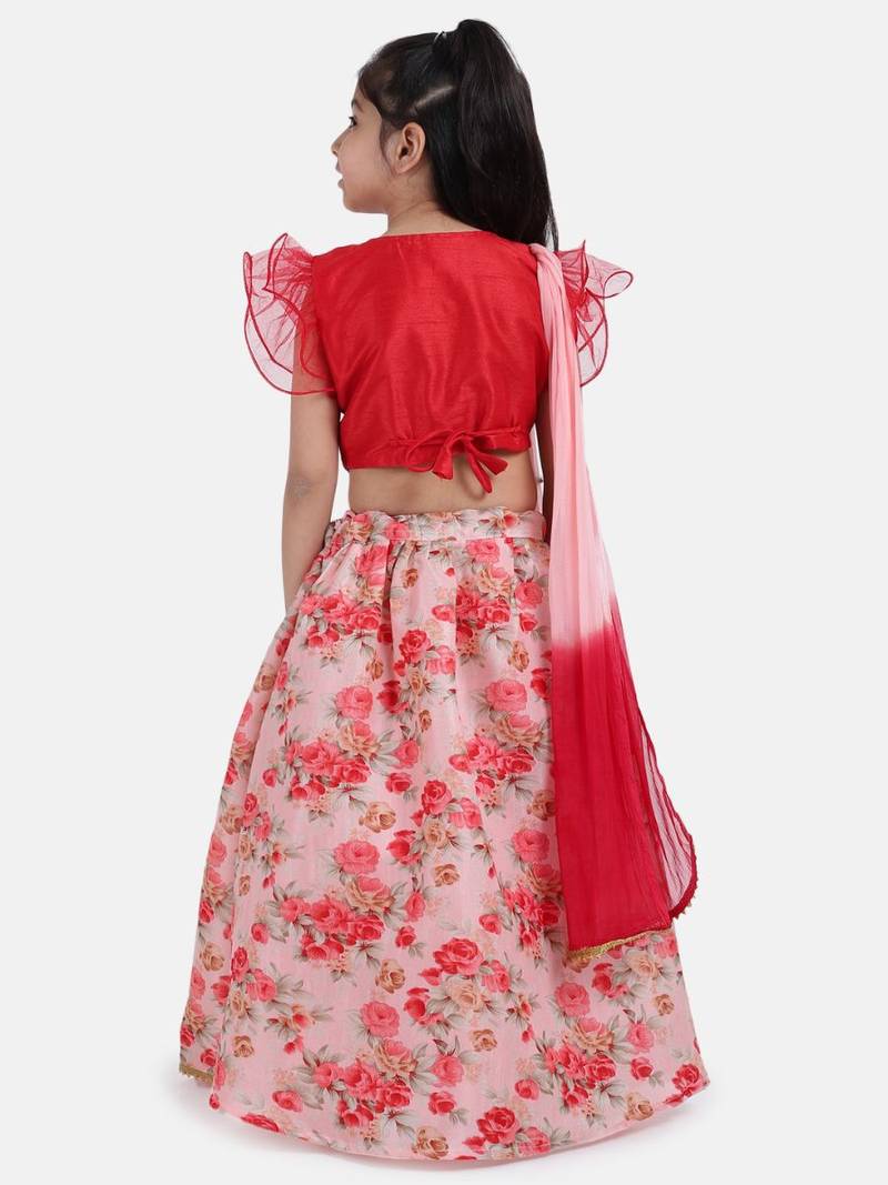 Red Ruffle Sleeve Collar Choli With Floral Lehenga
