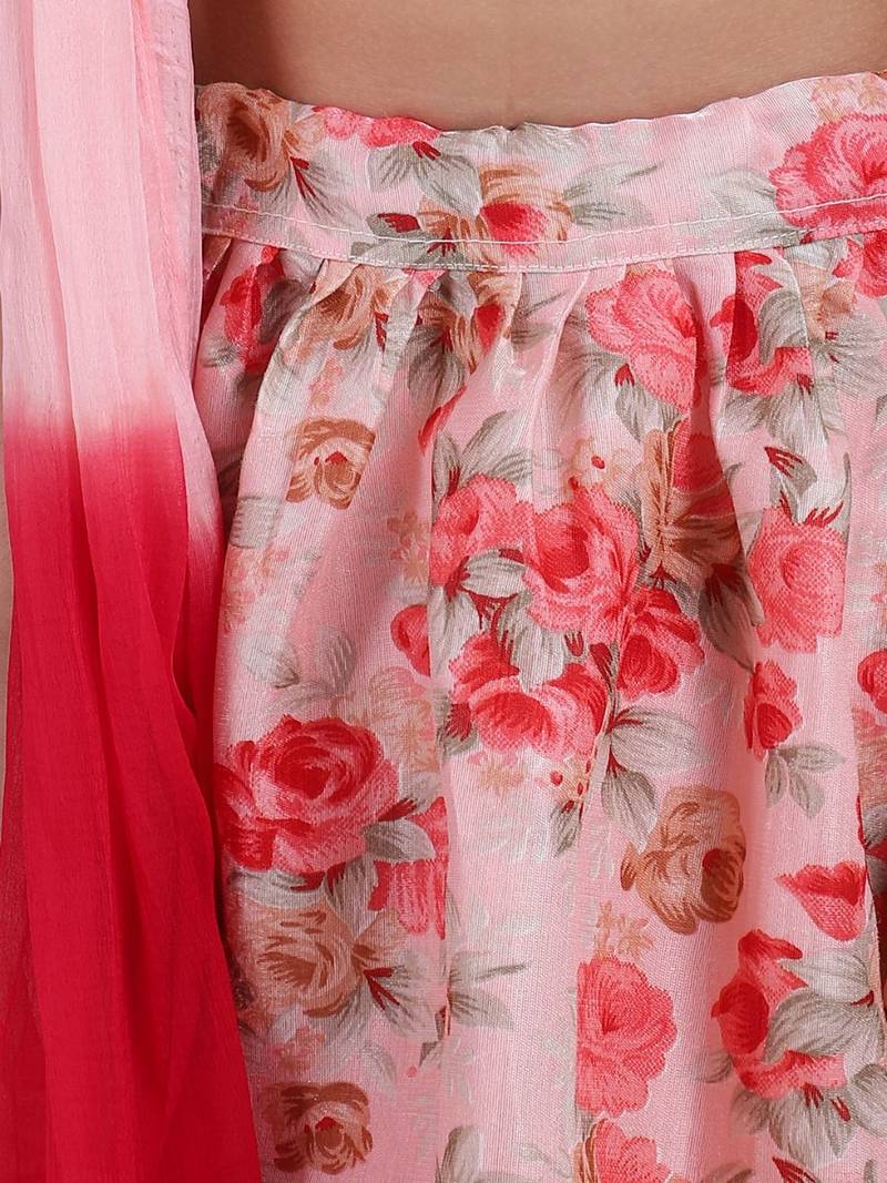 Red Ruffle Sleeve Collar Choli With Floral Lehenga