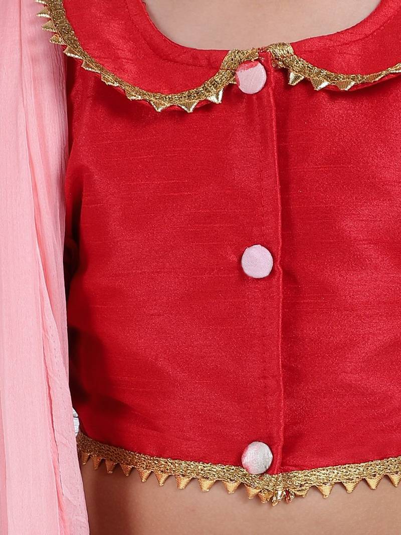 Red Ruffle Sleeve Collar Choli With Floral Lehenga