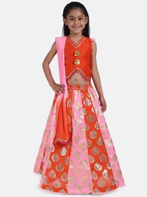 Orange  Foil Print Lehenga With Dupion Choli 1