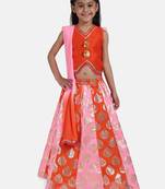 Orange  Foil Print Lehenga With Dupion Choli