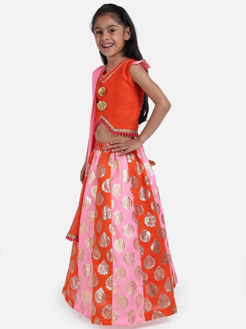 Orange  Foil Print Lehenga With Dupion Choli