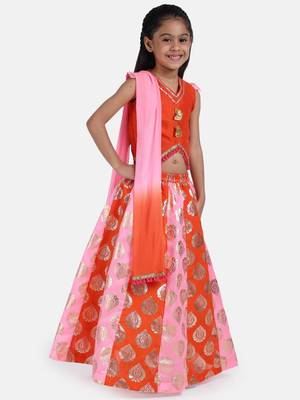Orange  Foil Print Lehenga With Dupion Choli 3