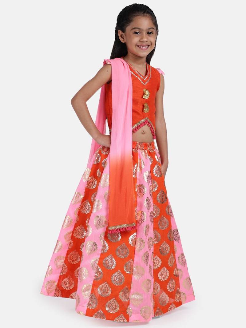 Orange  Foil Print Lehenga With Dupion Choli