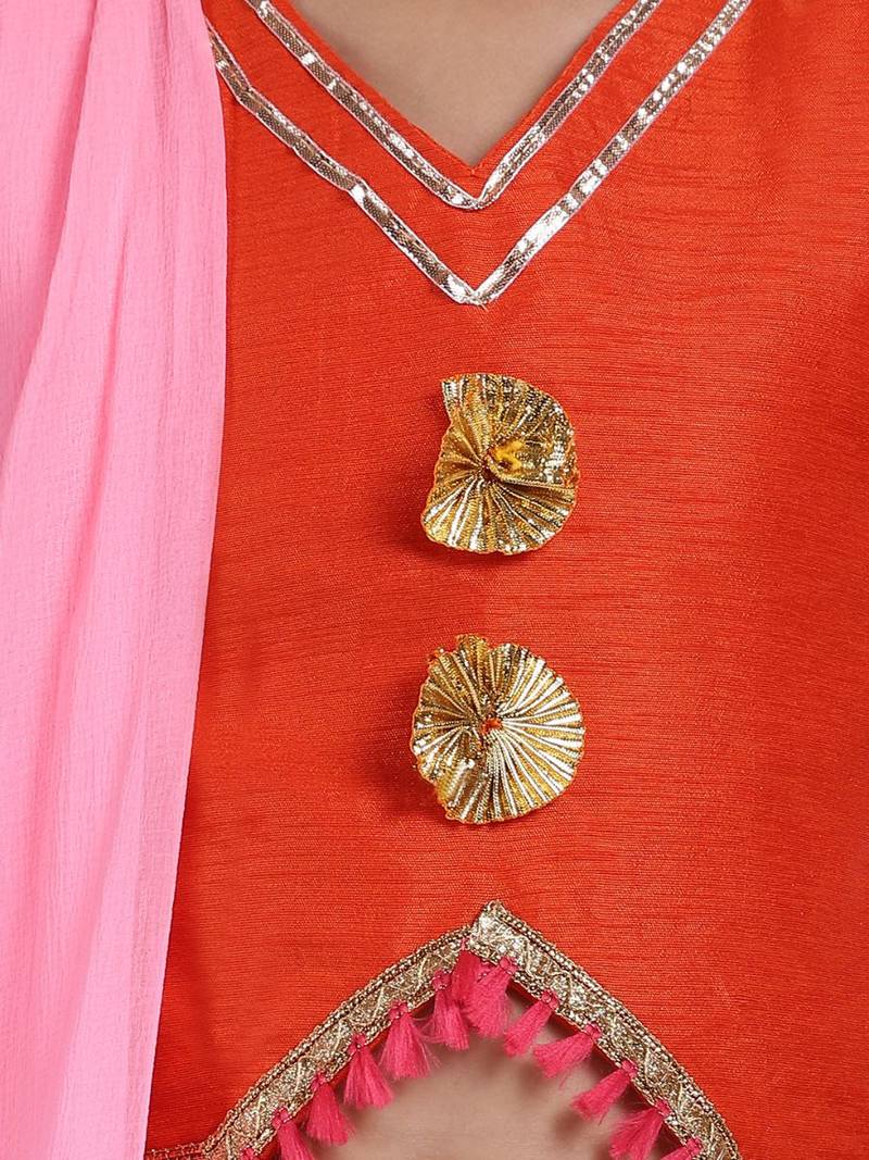 Orange  Foil Print Lehenga With Dupion Choli