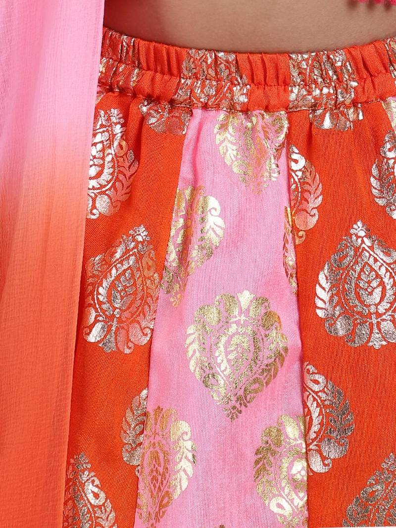 Orange  Foil Print Lehenga With Dupion Choli
