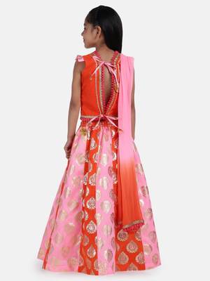 Orange  Foil Print Lehenga With Dupion Choli 6