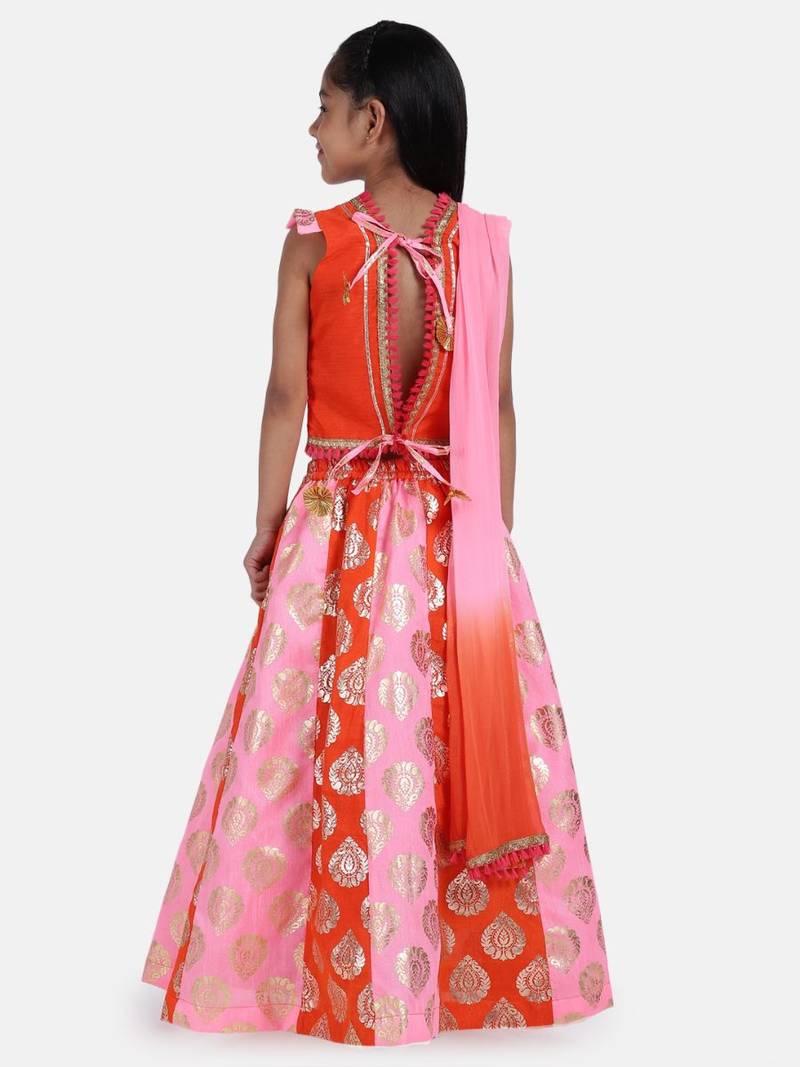 Orange  Foil Print Lehenga With Dupion Choli