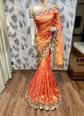 Orange embroidered pure raw silk saree with blouse 1
