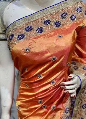 Orange embroidered pure raw silk saree with blouse 2