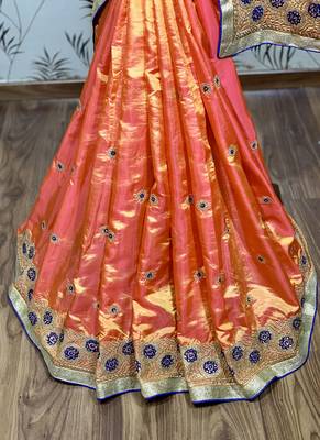 Orange embroidered pure raw silk saree with blouse 3