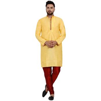 Yellow brasso jacquard kurta-pajama 1