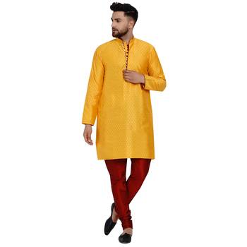 Yellow brasso jacquard kurta-pajama 1