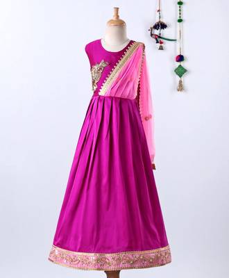 Girls Ruffle Sleeve Taffeta Silk Party Gown-Pink 1
