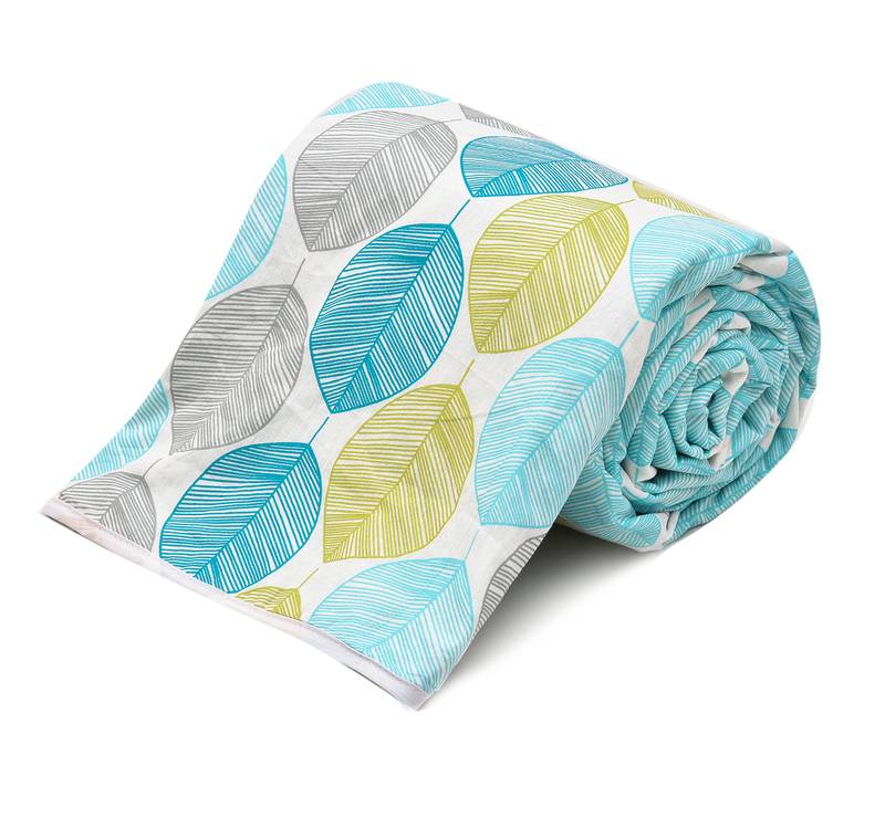 Cyan Blue Be Wangle Leaves Printed Reversible Double Bed Dohar AC Blanket