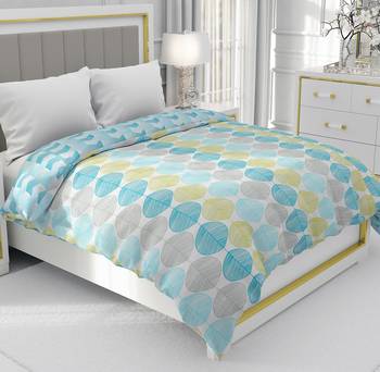 Cyan Blue Be Wangle Leaves Printed Reversible Single Bed Dohar AC Blanket 1
