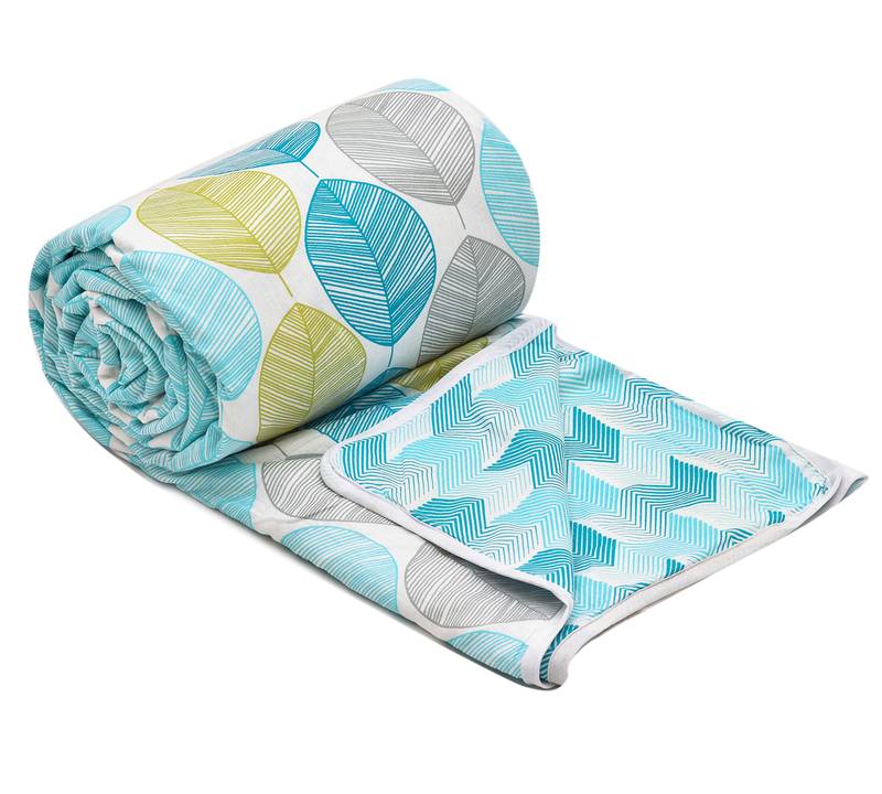 Cyan Blue Be Wangle Leaves Printed Reversible Single Bed Dohar AC Blanket