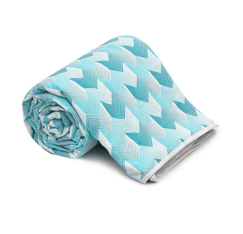 Cyan Blue Be Wangle Leaves Printed Reversible Single Bed Dohar AC Blanket
