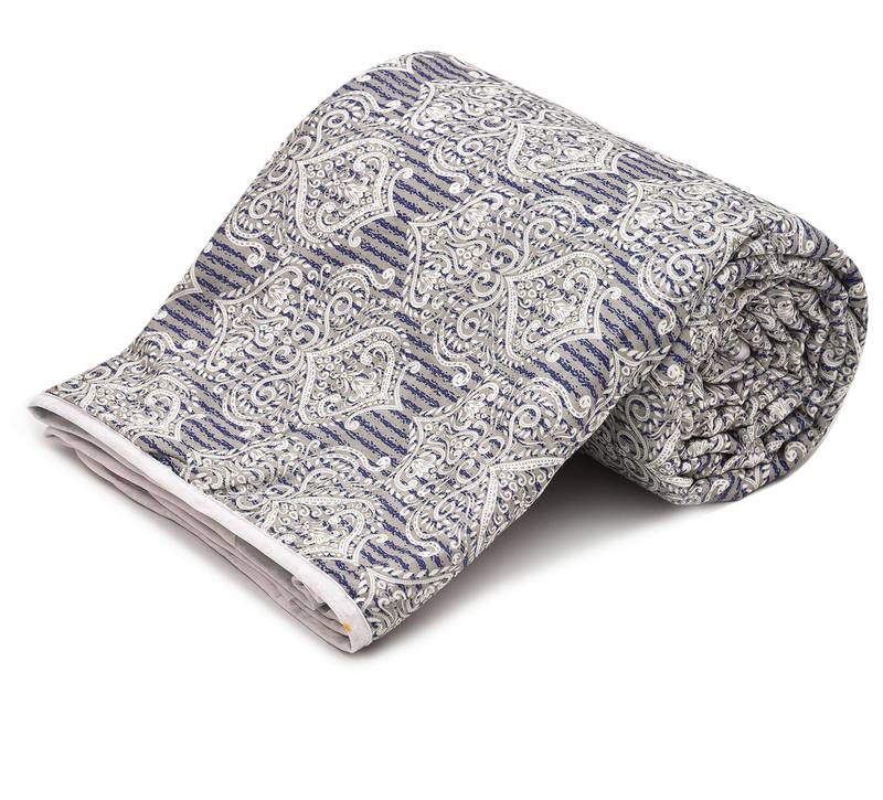 Blue Be Wangle Leaves Printed Reversible Double Bed Dohar AC Blanket
