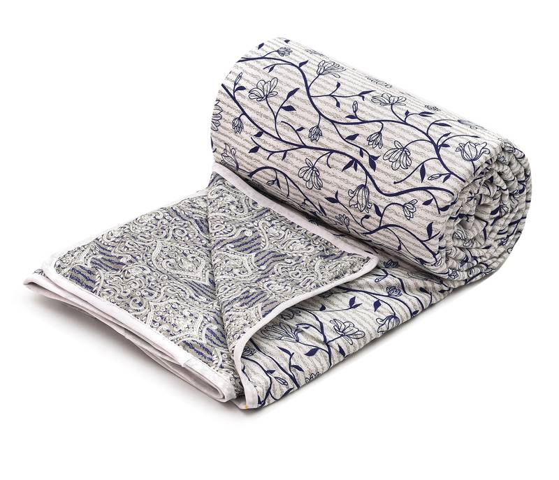 Blue Be Wangle Leaves Printed Reversible Single Bed Dohar AC Blanket