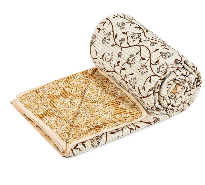 Mustard Be Wangle Leaves Printed Reversible Double Bed Dohar AC Blanket