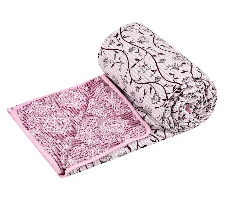 Pink Be Wangle Leaves Printed Reversible Double Bed Dohar AC Blanket