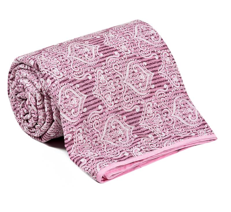 Pink Be Wangle Leaves Printed Reversible Single Bed Dohar AC Blanket