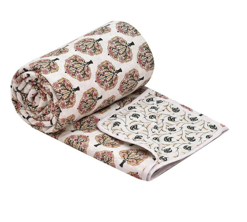 White Be Wangle Floral Printed Reversible Single Bed Dohar AC Blanket