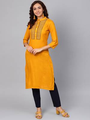 Mustard Colored Thread Embroidery With Rayon Fabric 1
