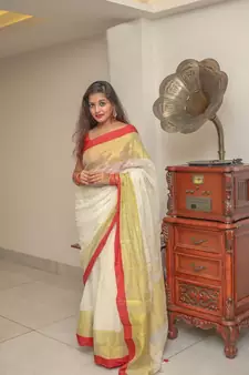 Red And White Collection Linen Saree With Red Blouse Piece