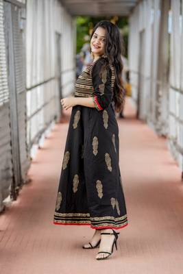 Black Cotton Block Prints Long Anarkali kurti 6