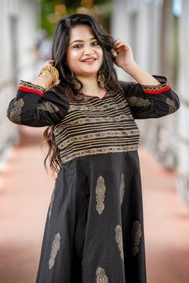 Black Cotton Block Prints Long Anarkali kurti 7
