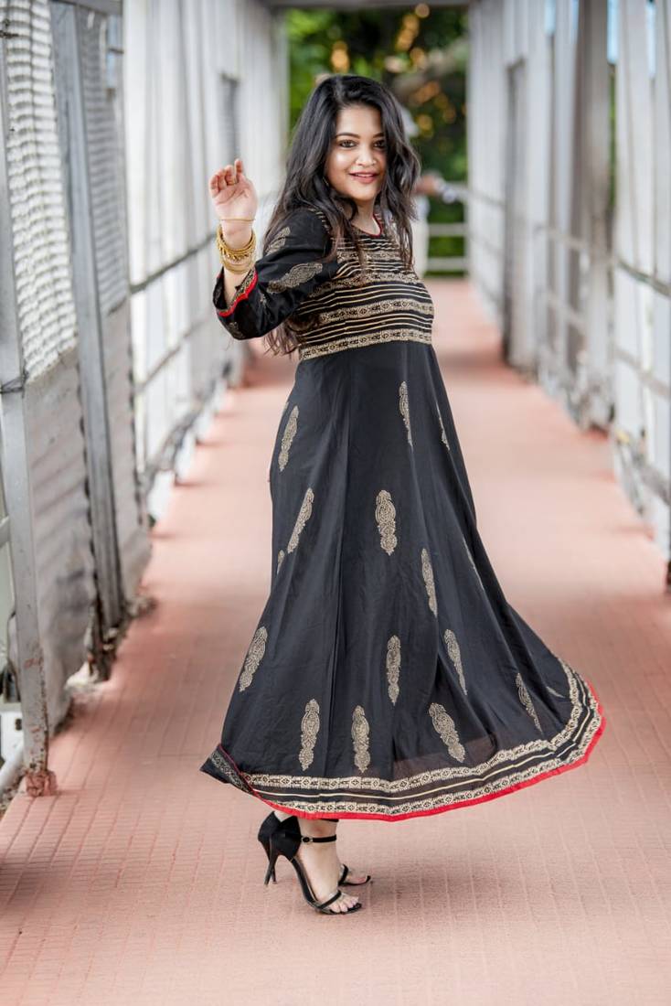 Black Cotton Block Prints Long Anarkali kurti