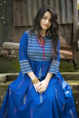 Women's Blue Cotton Block Prints Long Anarkali kurti 6